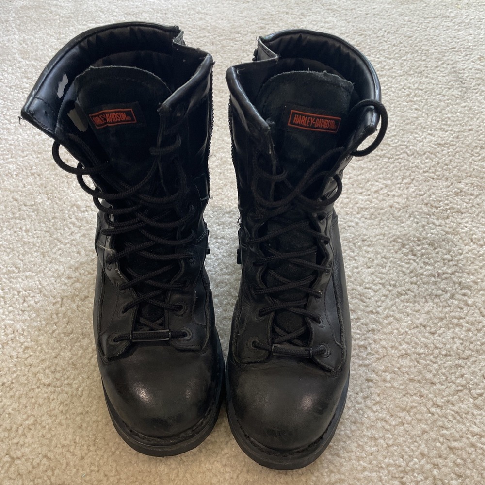 Harley Davidson Boots Mens 8 Black Leather Moto Combat Side Zip Lace Up